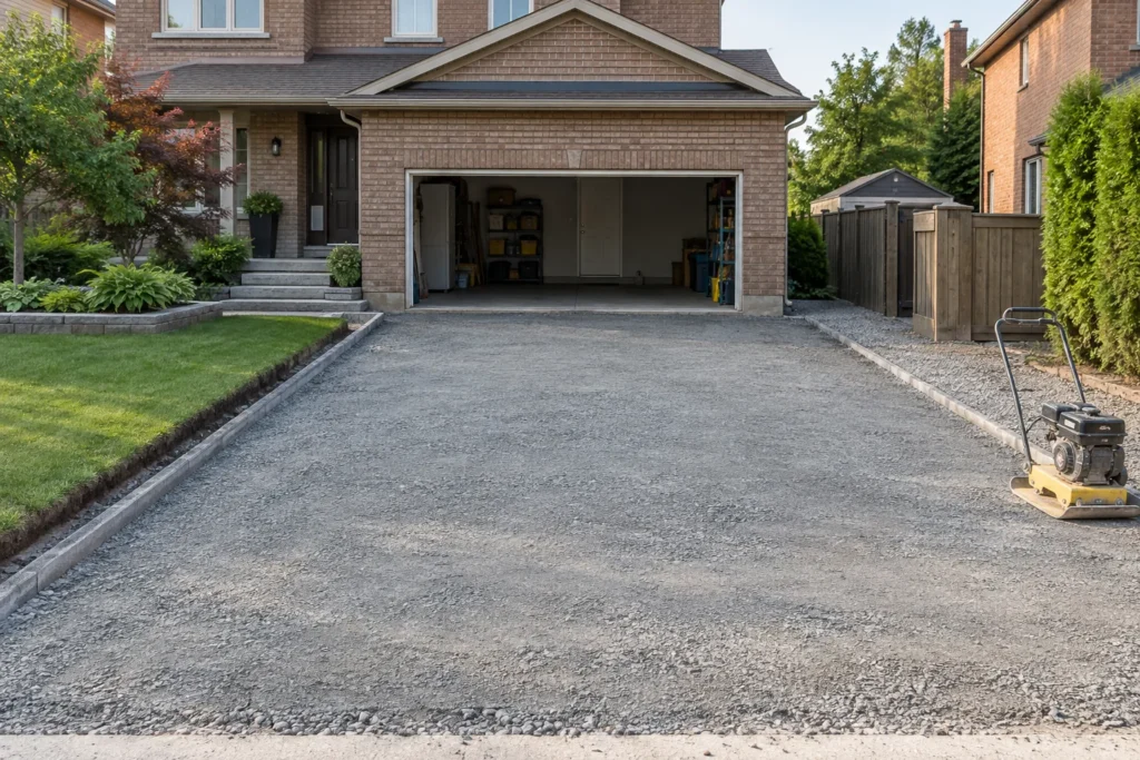 Prepared aggregate driveway base approaching an open garage at a brown-brick house, with a parked plate compactor