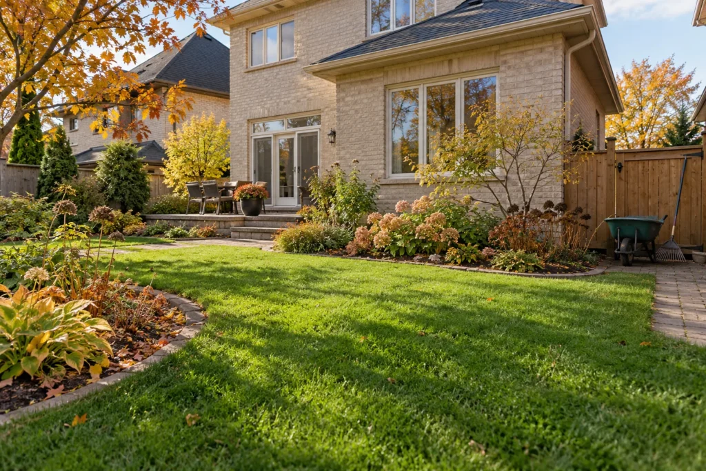 Autumn lawn and retained garden plants with a wheelbarrow beside the rear gate