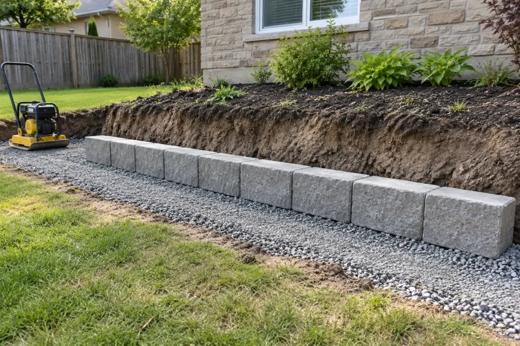 Aligned first wall course on prepared granular footing below a raised garden soil edge
