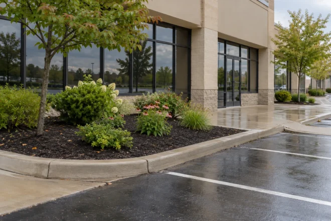 Refreshed mulch and restrained planting beside a small plaza frontage.