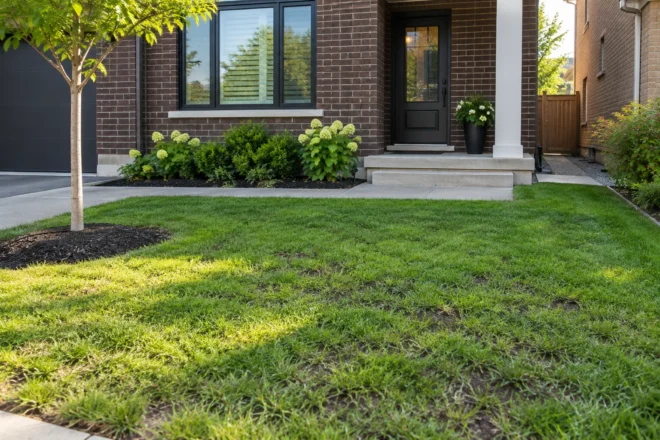 Front lawn with uneven early grass recovery outside a dark-brick home