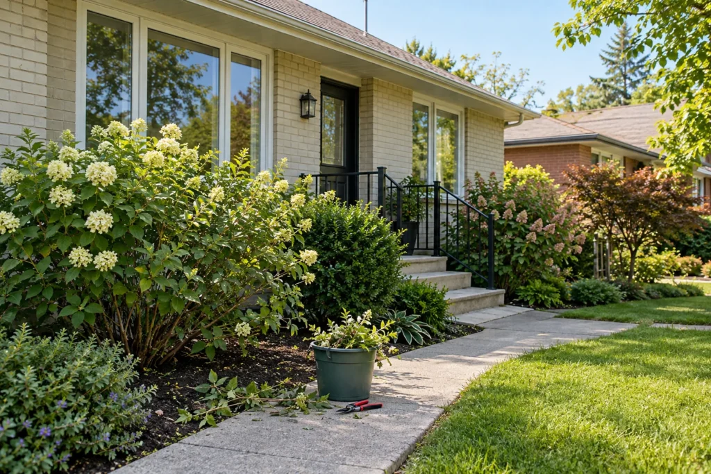 Healthy flowering shrubs beside a small bucket of selective pruning clippings