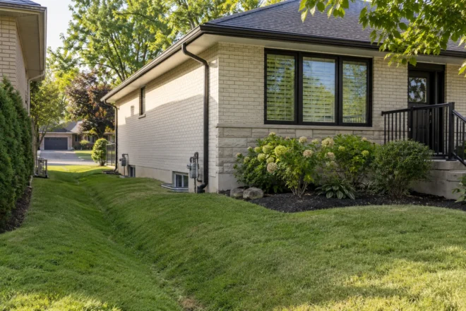 Open shallow swale in a grass side yard