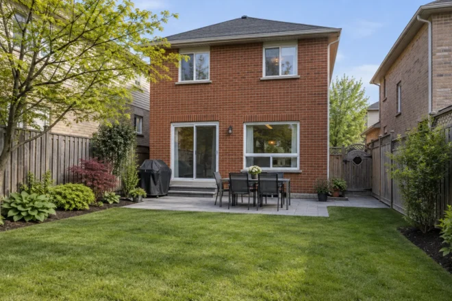 Compact backyard lawn with a gentle fall