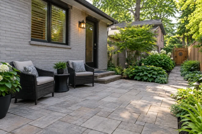 Clean paver sitting patio and connected garden path