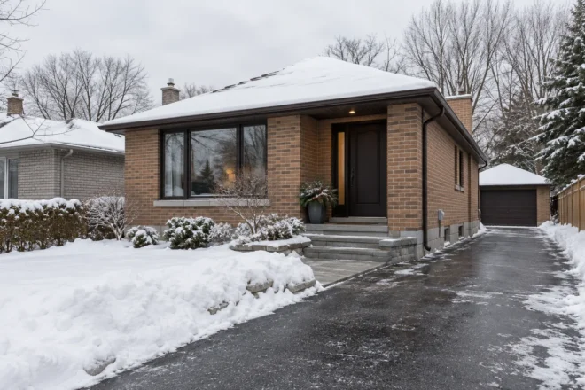 Cleared single-car bungalow drive with modest snowbanks