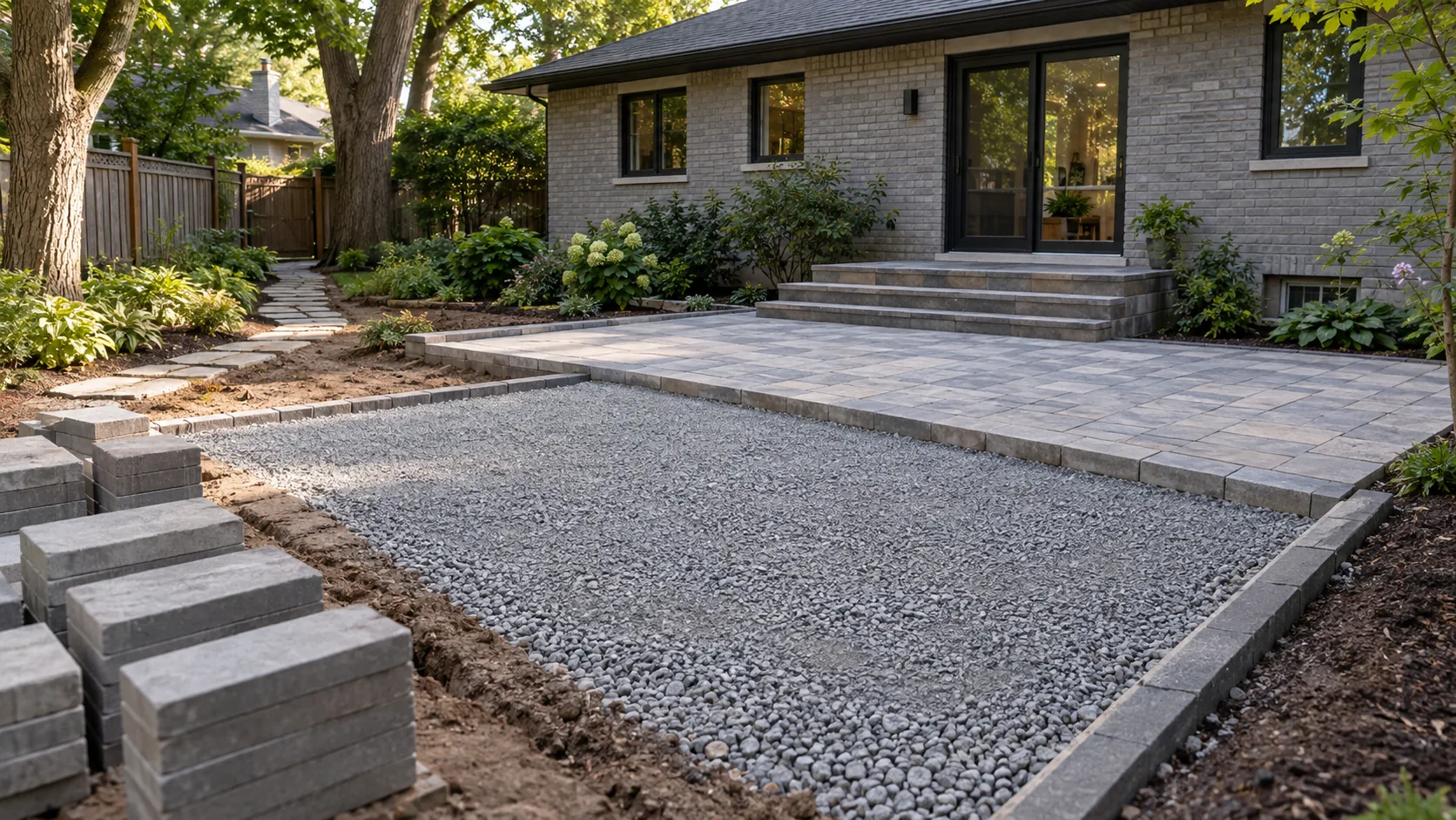 Prepared aggregate area beside a partly completed residential paver terrace