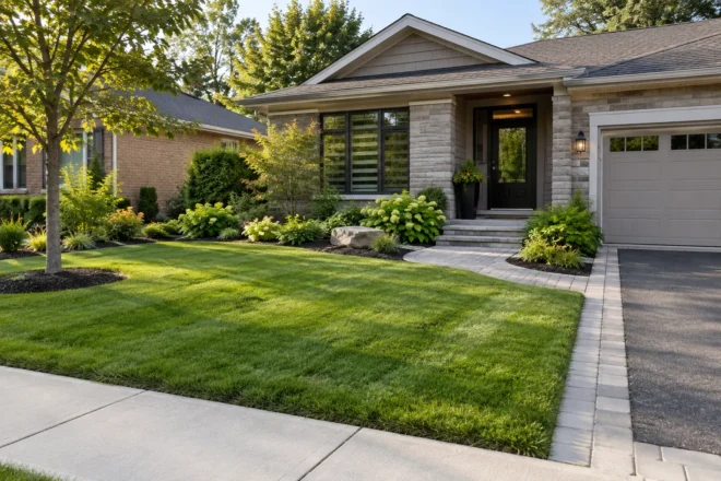 New front lawn beside an interlock entrance walk at a bungalow