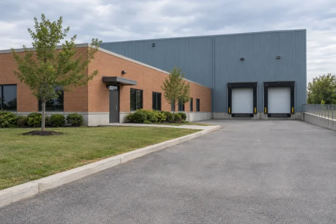 Industrial landscape buffer beside an open loading apron and warehouse doors.