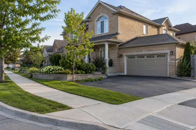 Broad corner-property driveway beside low planting and continuous public sidewalks