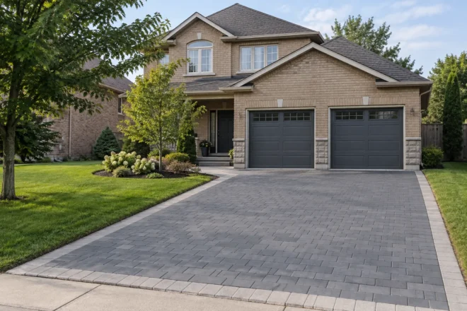 Charcoal rectangular paver driveway serving two single garage doors at a tan-brick two-storey home