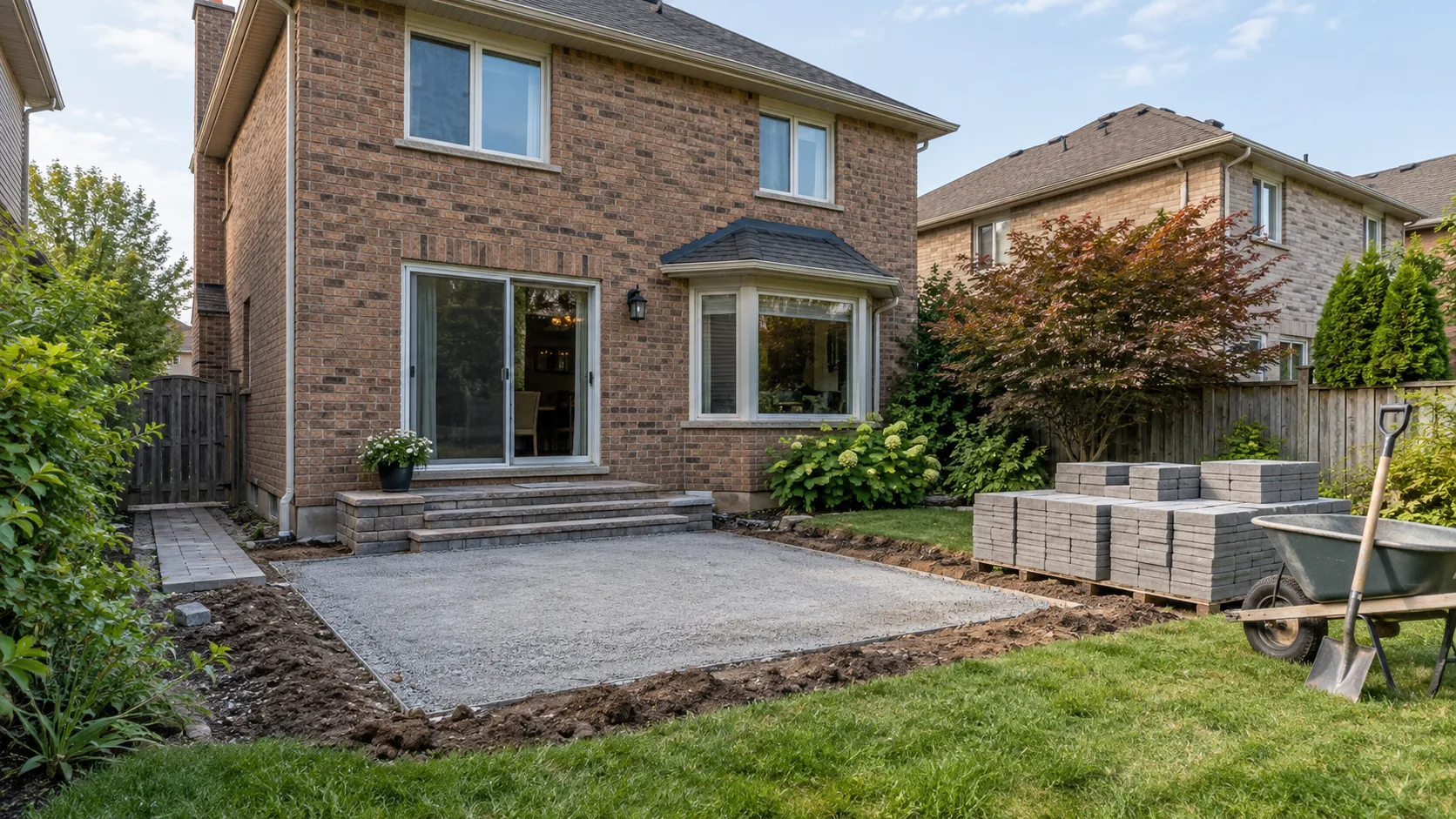 Compacted aggregate patio work area with stacked pavers beside a brown-brick house