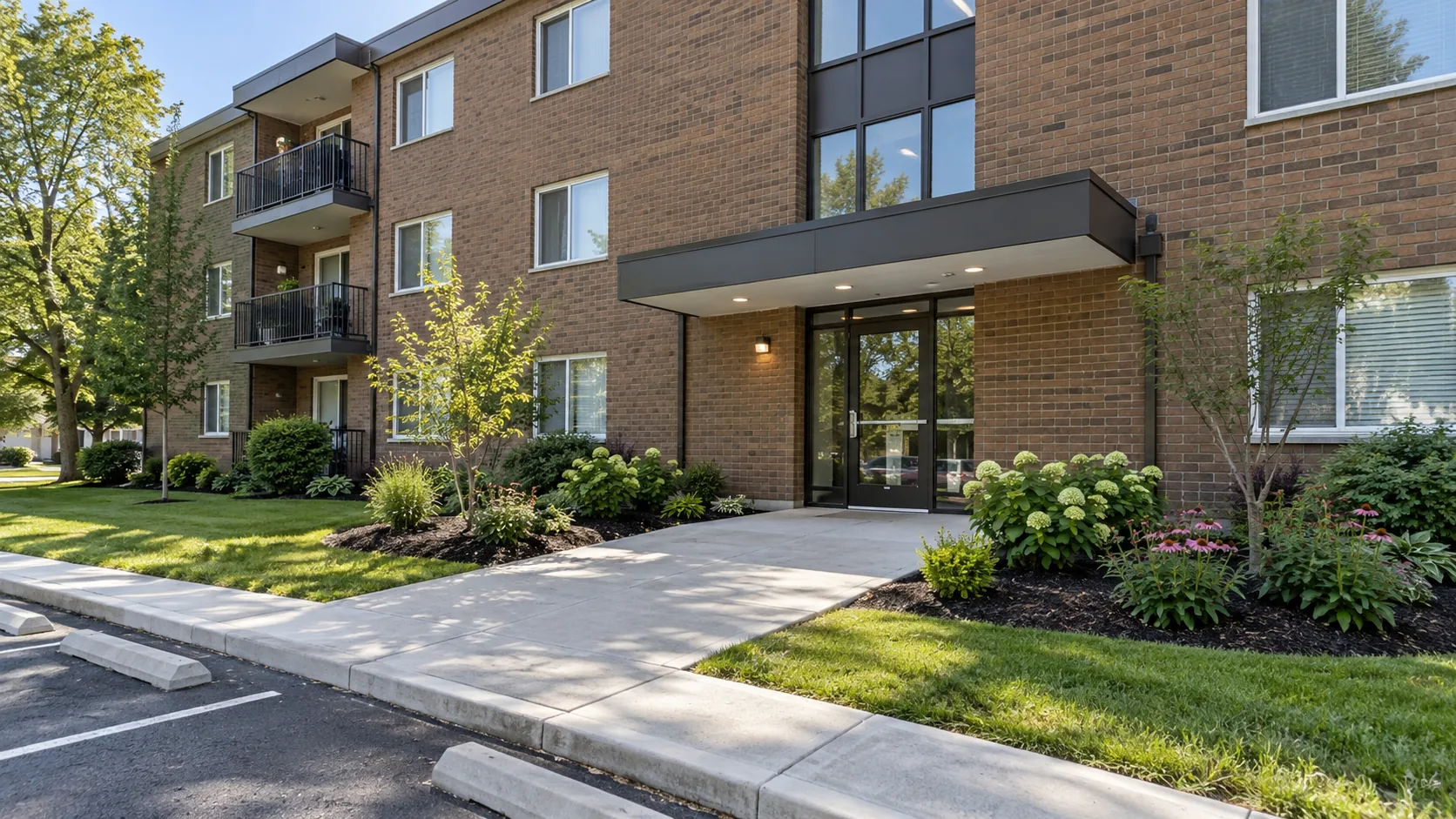 Refreshed planting beds beside a wide concrete entrance walk at a low-rise apartment building.