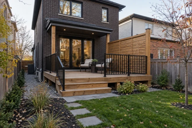 Cedar deck privacy panel with black guards and broad steps to a garden landing