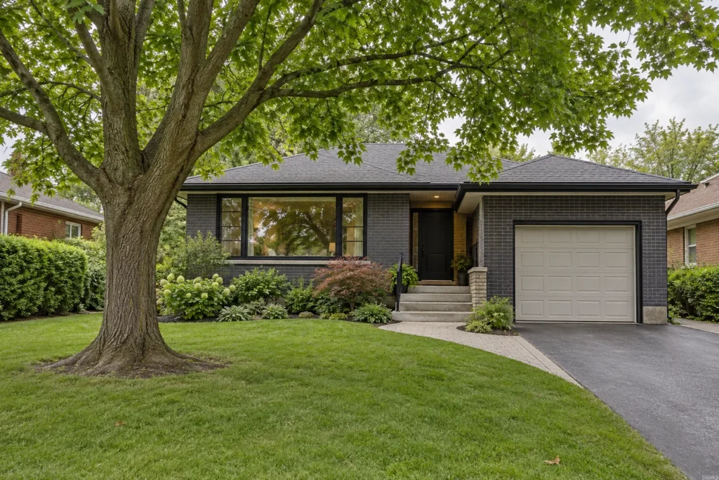 Mature tree and curved entrance walk at a charcoal-brick bungalow