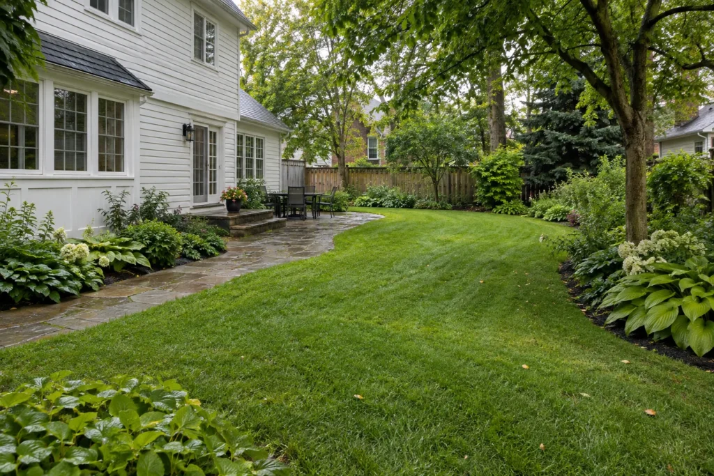 Damp garden path and gently sloping lawn beside a white-sided house after rain