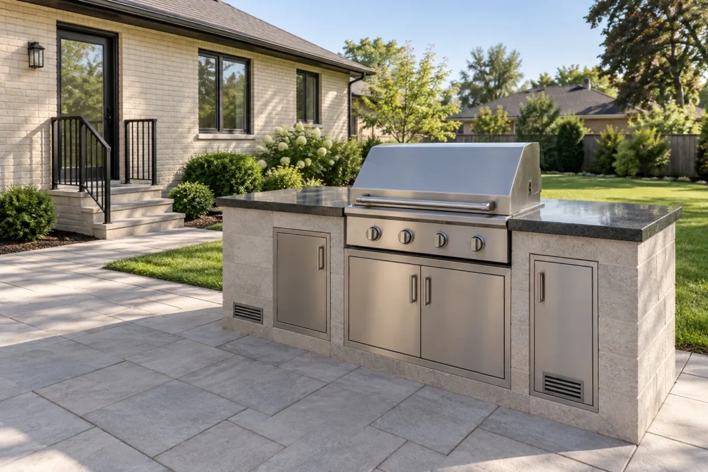 Built-in grill with aligned cabinet doors and ventilation grilles in a compact outdoor island