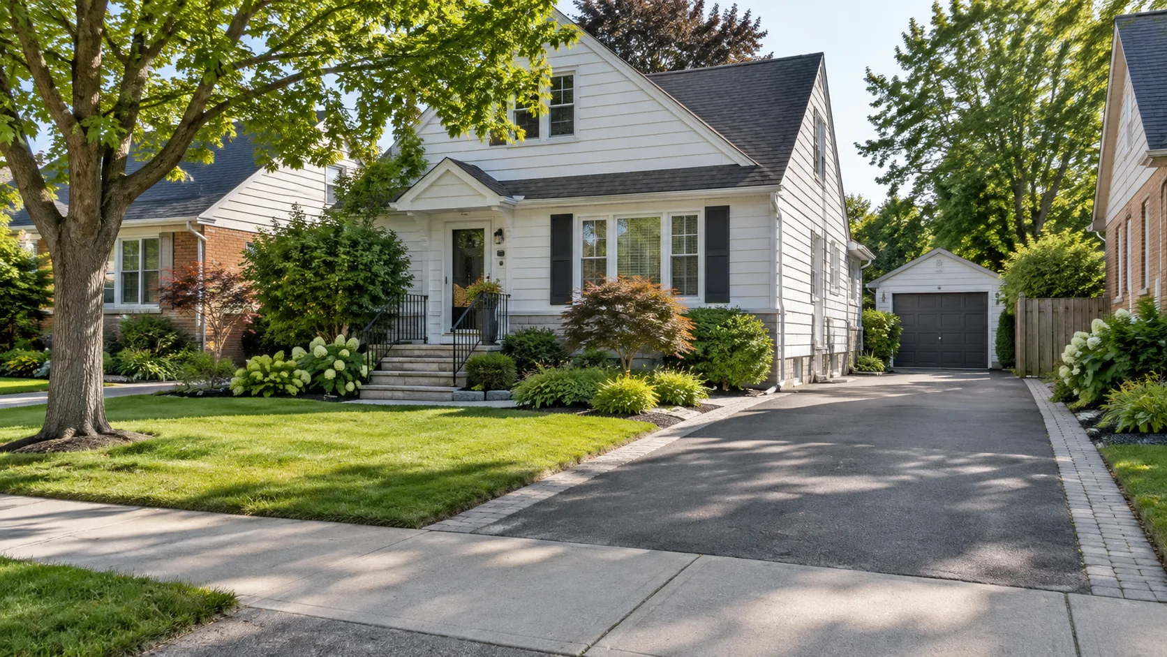 Ordinary frontage with driveway, walk, retained lawn and public-sidewalk context