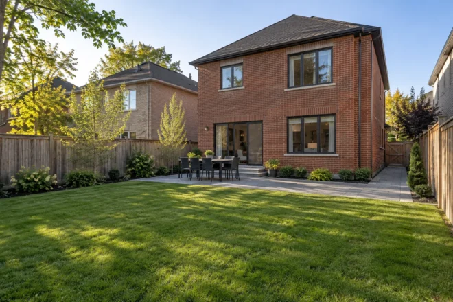 Paver dining terrace beside a broad lawn and paved side-gate route