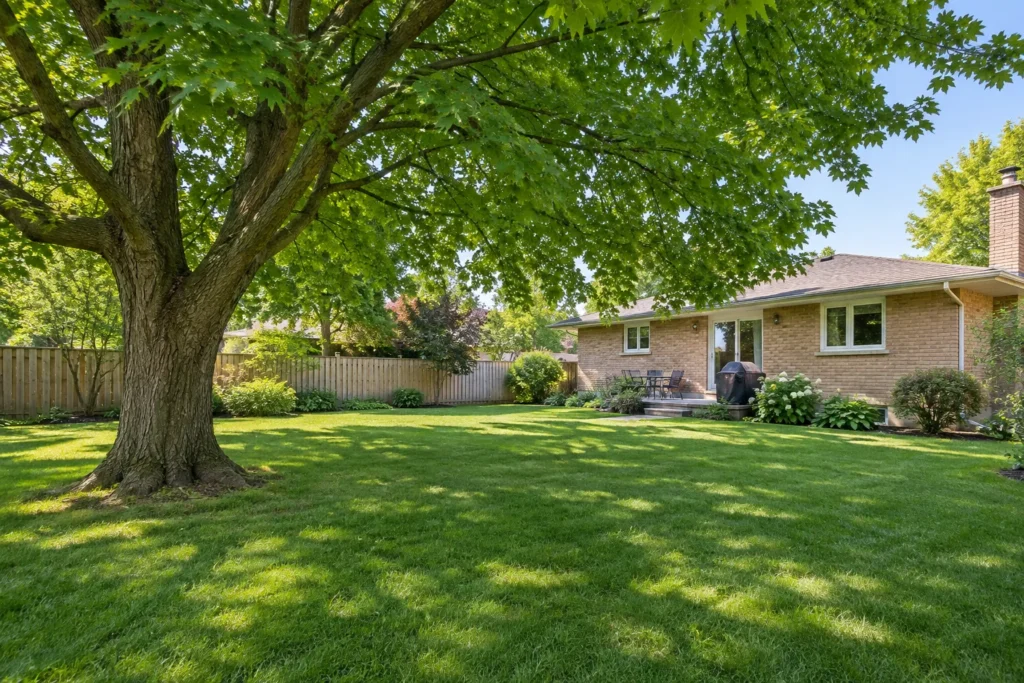 Mature maple over undisturbed lawn with wooden fencing set back in the yard