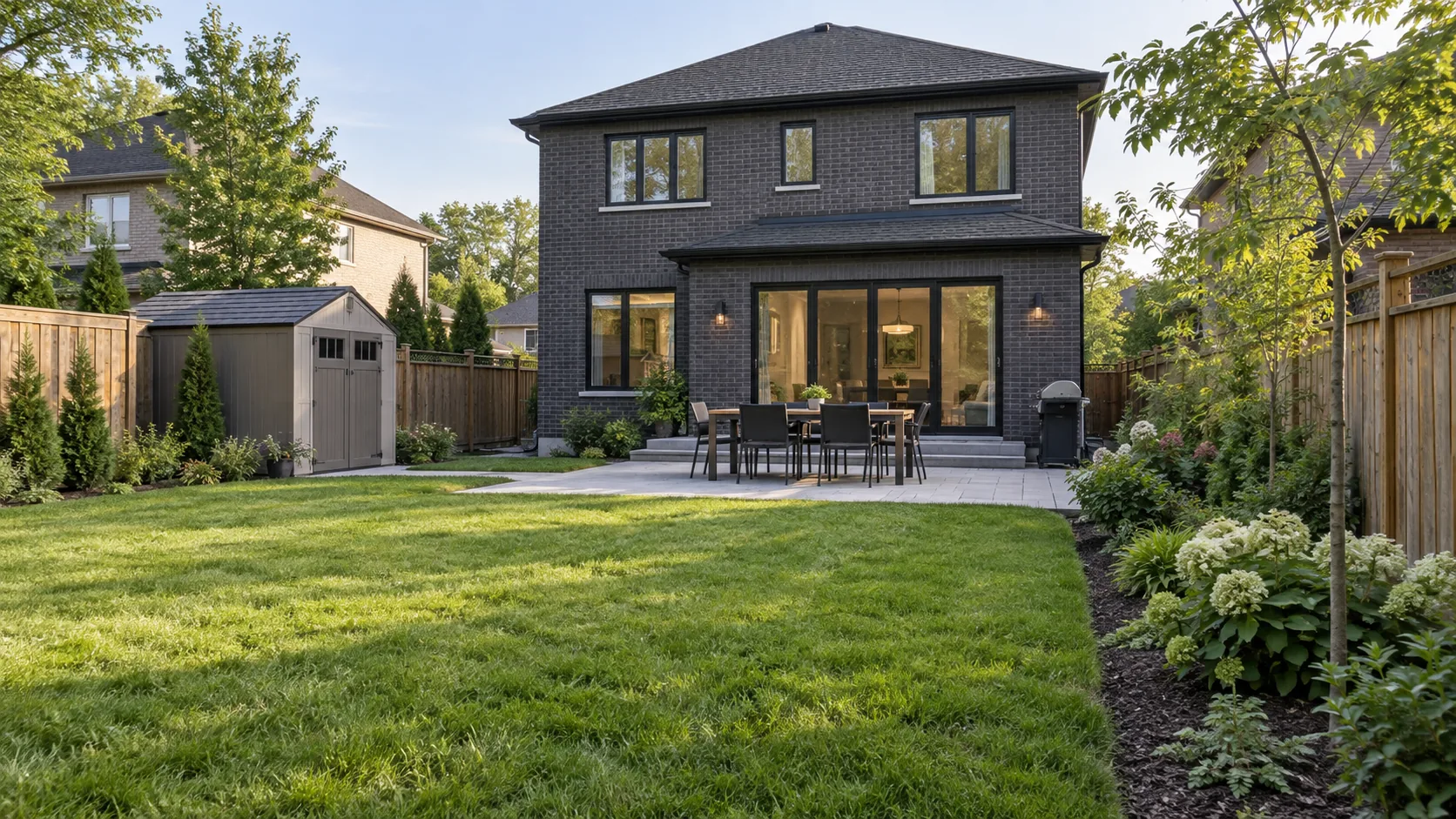 Open lawn beside a practical patio and planted backyard border