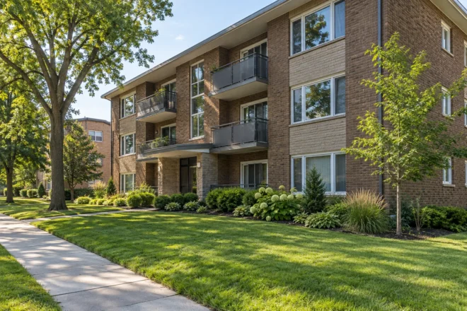 Multi-residential front lawn with low planting