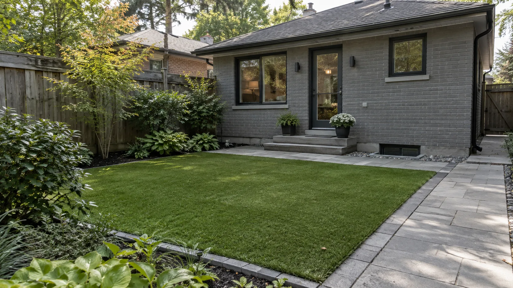 Compact synthetic lawn bordered by a stone path and garden at a grey-brick bungalow