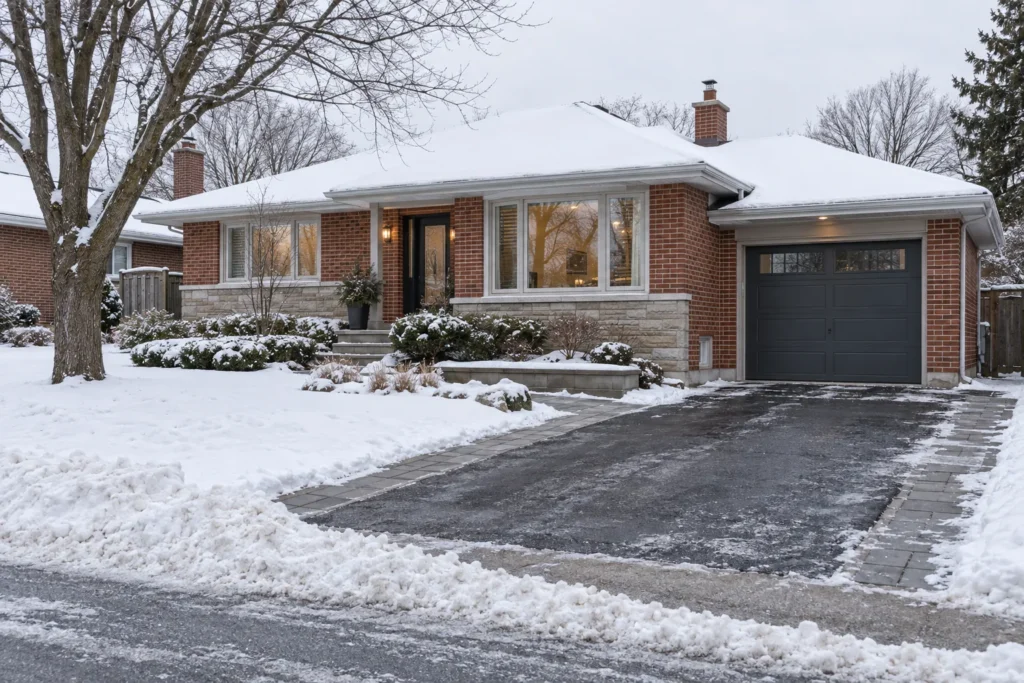 Driveway-mouth windrow shown separately from cleared private surface