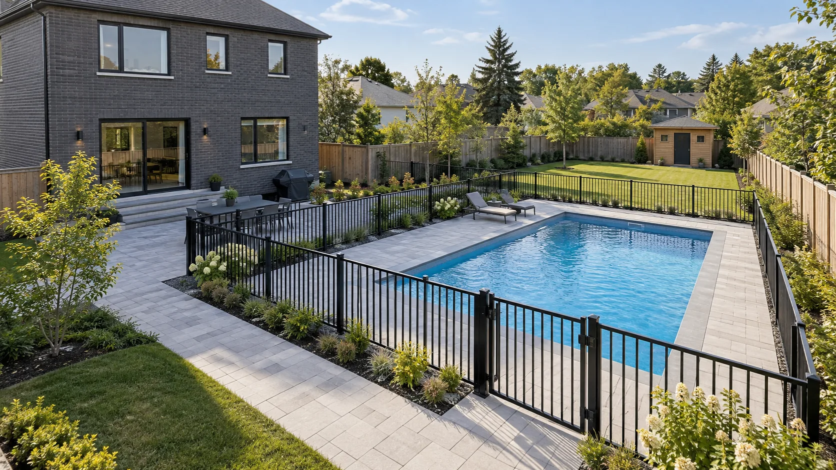 Rectangular backyard pool with black enclosure, closed gate and broad paved access