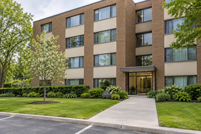 Multi-residential frontage with a maintained lawn, compact beds and a clear entrance walk.