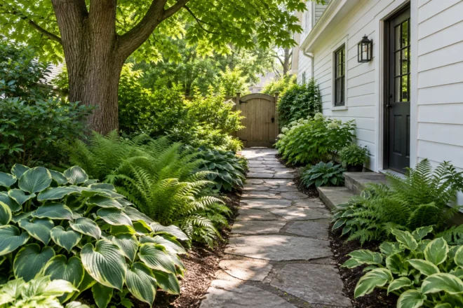 Clear stone path through a shaded side garden
