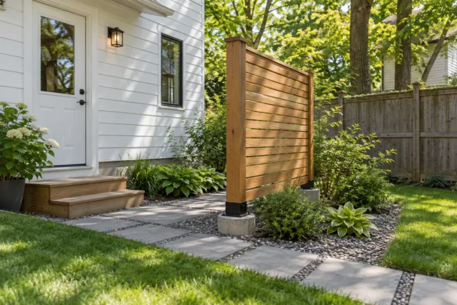 Freestanding cedar privacy screen set apart from a timber boundary fence