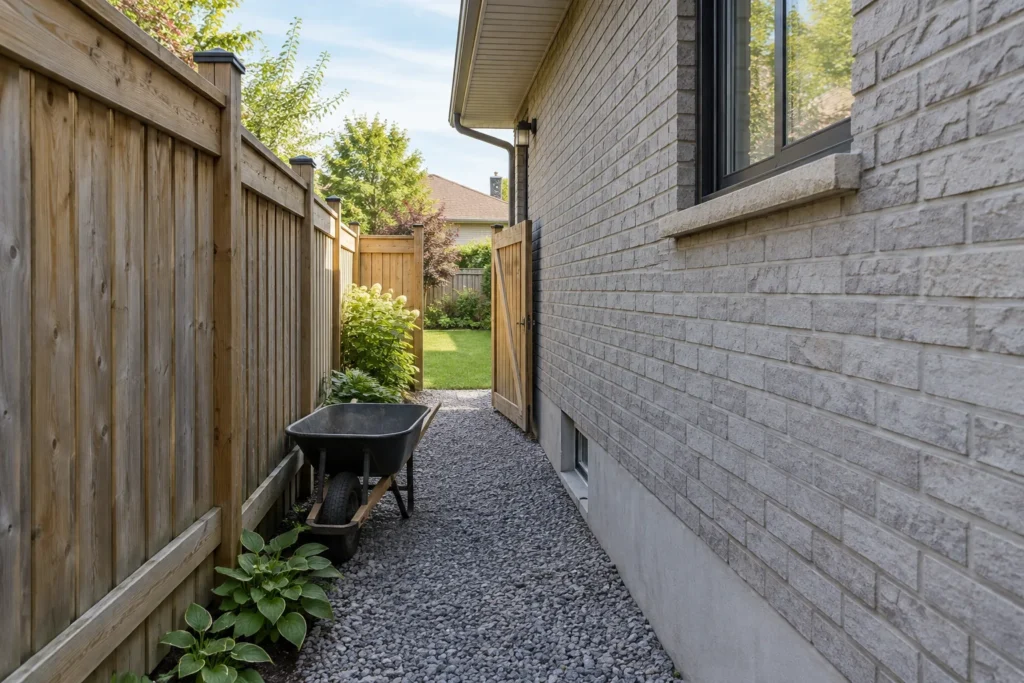 Narrow gravel side access with a wheelbarrow and open timber gate