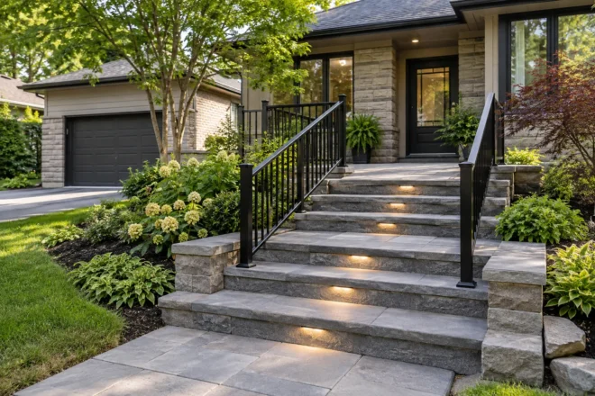 Shaded stone entrance stair with black rails and recessed step lighting.