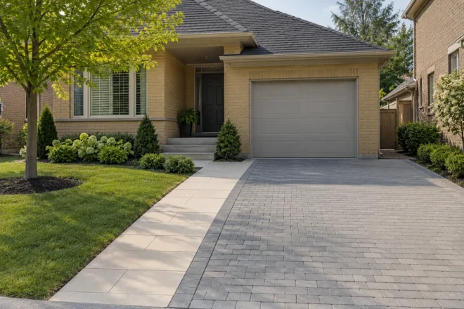 Grey driveway pavers and a separate pale slab entrance walk at a yellow-brick bungalow with a single garage