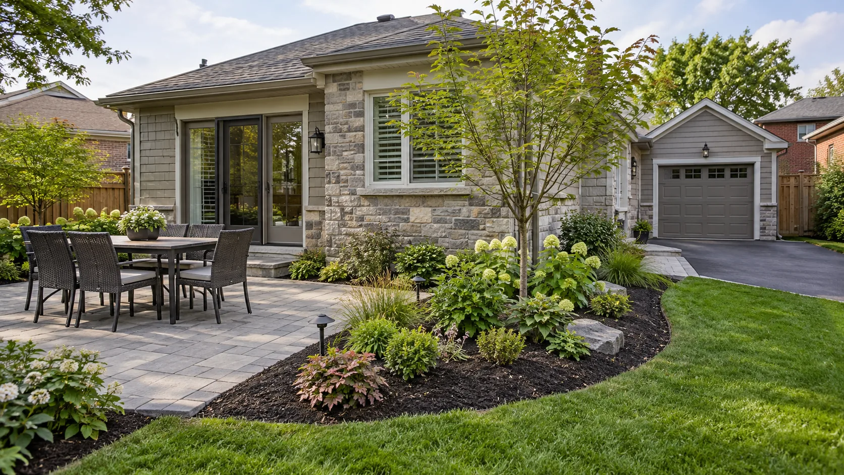 Prepared and newly planted garden bed beside a finished residential patio