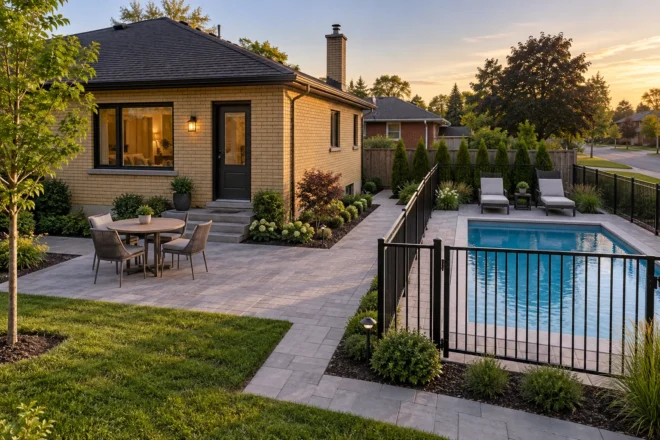 Separate dining patio and poolside lounge zone beside a yellow-brick bungalow