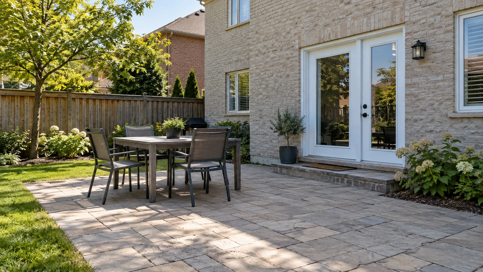 Dining table and chairs on a modest patio with clear space beside the rear doorway