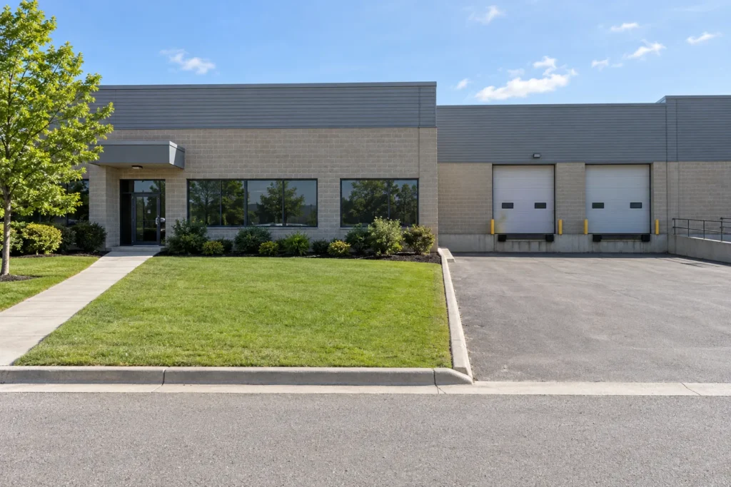 Industrial frontage with edged lawn, staff entrance walk and a clear separate loading apron.