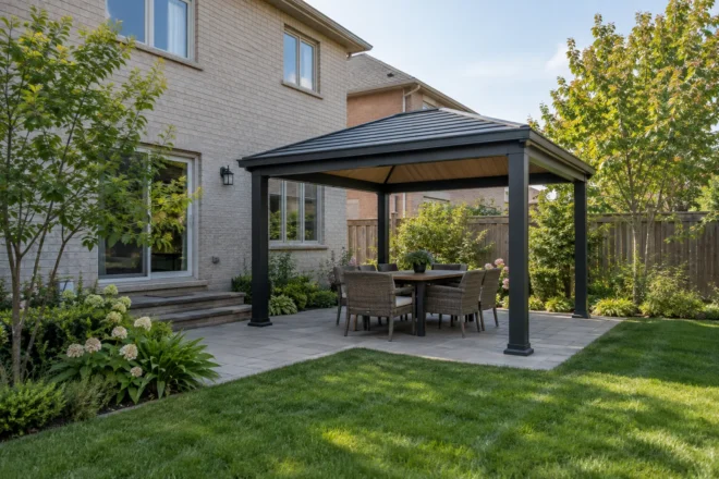 Detached gazebo beside ordinary lawn and planting