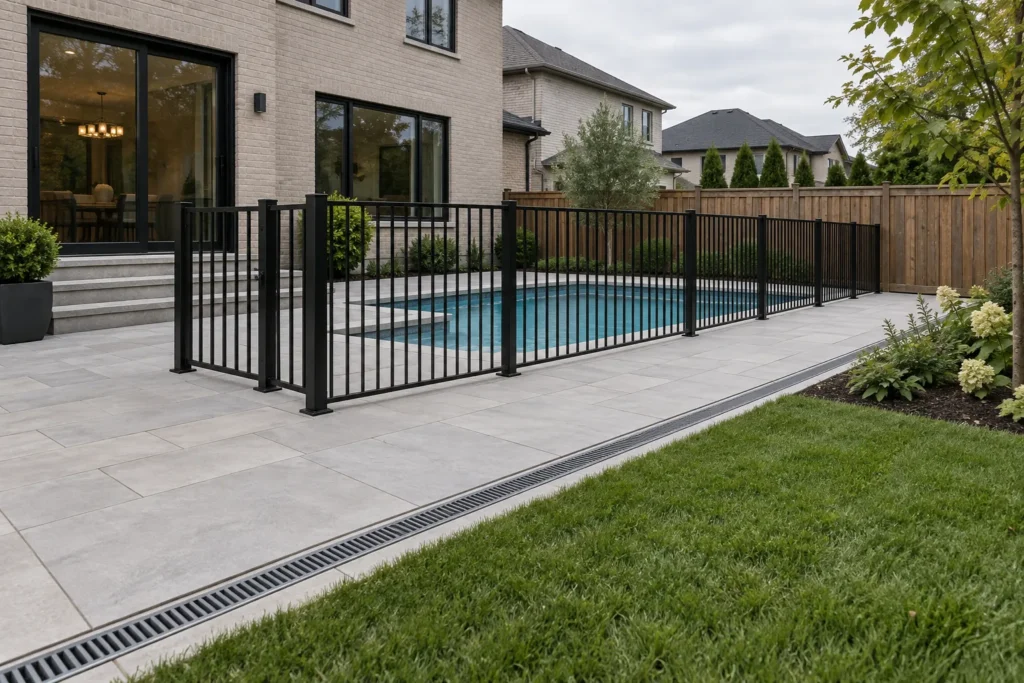 Linear drainage channel along the lawn edge outside a paved pool surround
