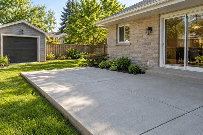 Broom-finish poured concrete backyard terrace