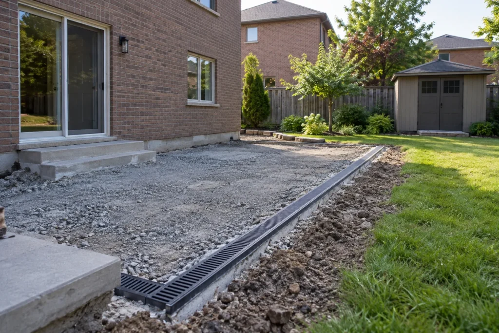 Perimeter drainage channel installed beside an unfinished aggregate patio area
