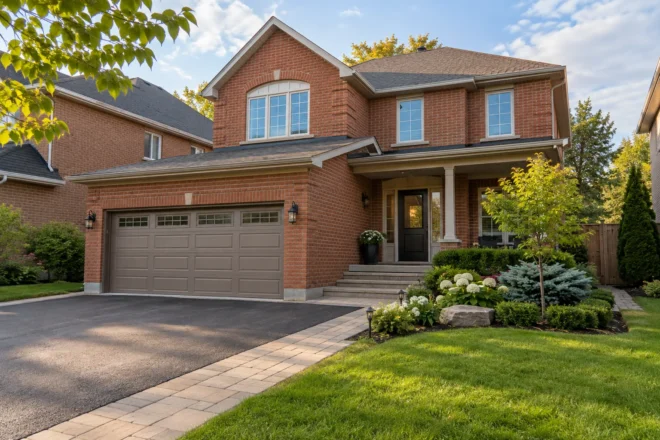Front driveway, paver entrance walk and planted border at a red-brick house