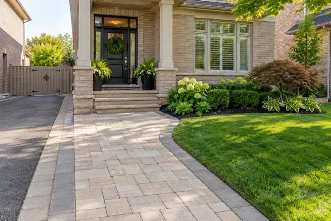 Clean light paver entrance path beside a beige-brick home