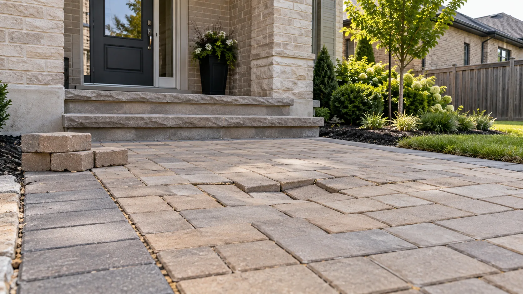 Localized settled pavers in a residential entrance approach
