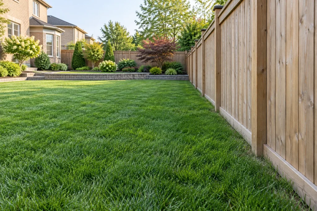 Neatly trimmed grass beside a timber fence and low terraced garden