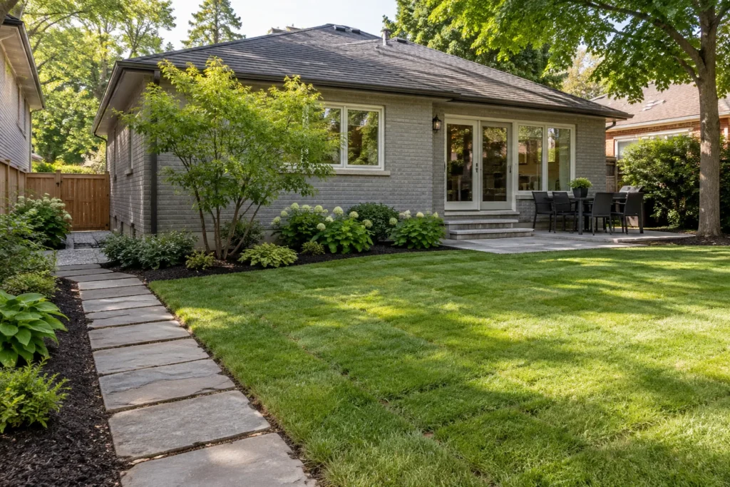 New lawn and planted beds beside a completed stone path after construction