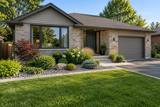 Decorative stone and low shrubs separated from lawn by a paver border