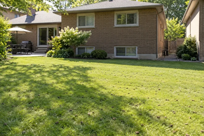 Sunny aerated backyard lawn with small scattered soil plugs